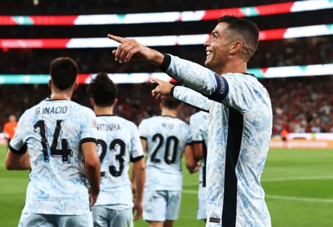 Ronaldo Celebrating in Portugal's win over Croatia.