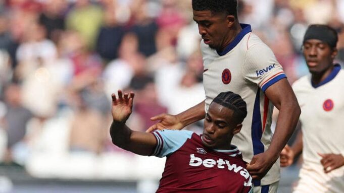 Crysencio Summerville is held by Wesley Fofana during West Ham's 3-0 defeat to Chelsea at the London Stadium