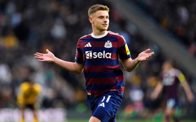 Harvey Barnes celebrates after scoring the winner against Wolves