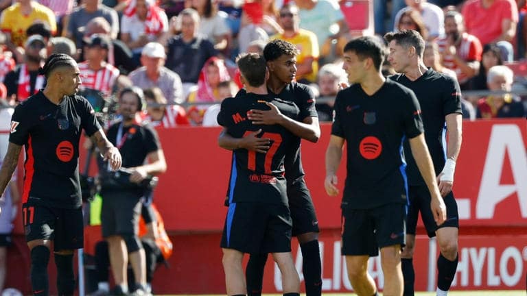 Lamine Yamal celebrates after scoring against Girona