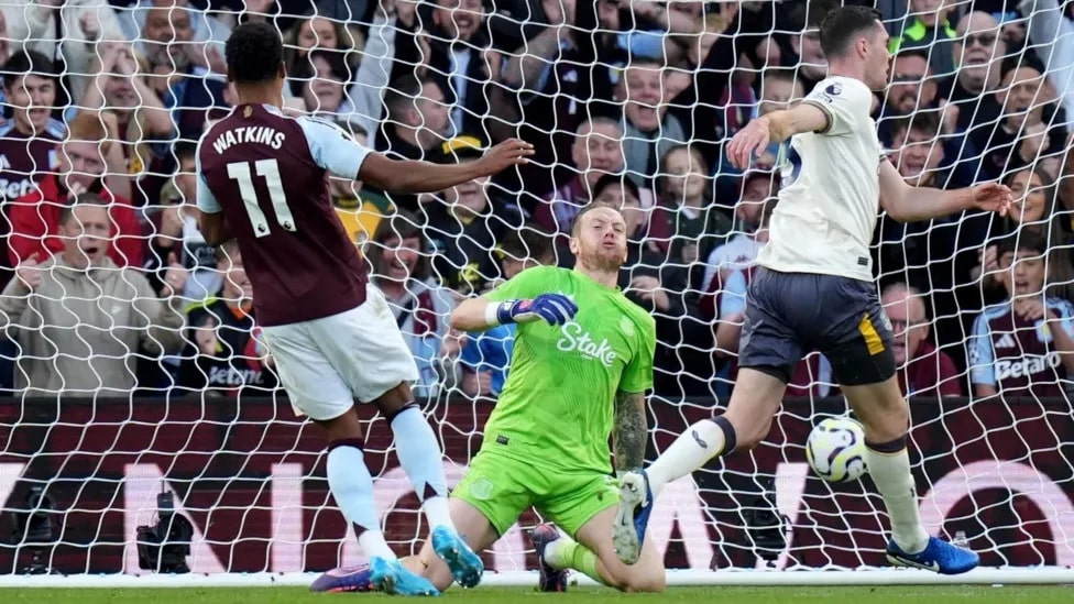 Ollie Watkins scores for Aston Villa against Everton.