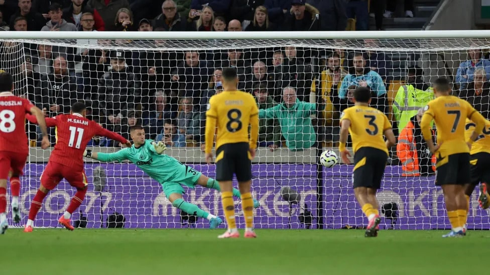 Salah scores from the spot against Wolves.