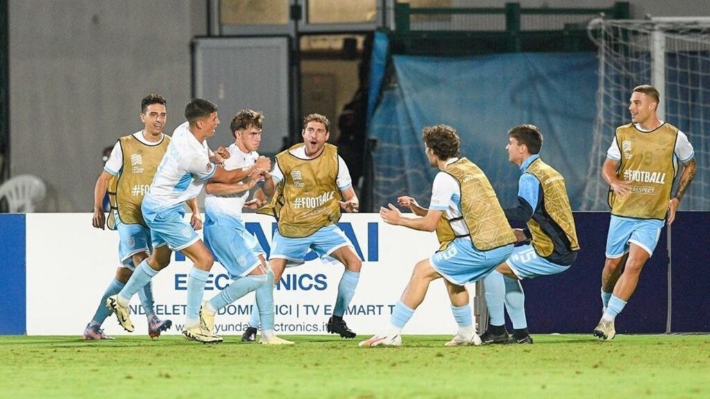 San Marino celebrate their goal in their first win in over 20 years.