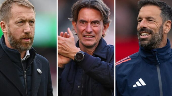 (L-R) Graham Potter, Thomas Frank and Ruud van Nistelrooy are among the potential contenders to replace Erik ten Hag as Manchester United manager