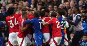 Chelsea and Nottingham Forest players clashed with two minutes of normal time remaining