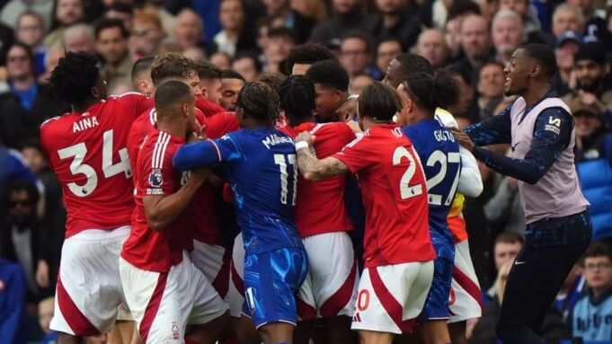 Chelsea and Nottingham Forest players clashed with two minutes of normal time remaining