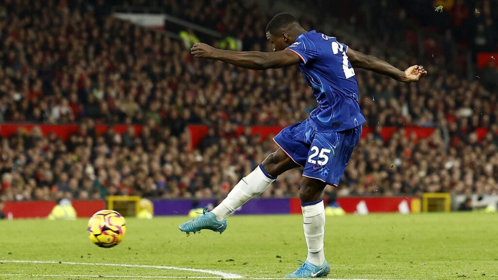 Chelsea’s Moises Caicedo scores their first goal against Manchester United in the Premier League.