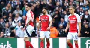 Newcastle United Stuns Arsenal, Alexander Isak Early Strike Seals the Win William Saliba of Arsenal looks dejected after Alexander Isak of Newcastle United (not pictured) scores his team's first goal